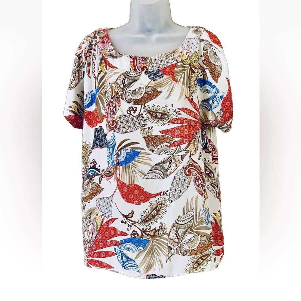 Melissa Paige Women's Size L Blouse Top Split Grommet Sleeve Nature Boho Print